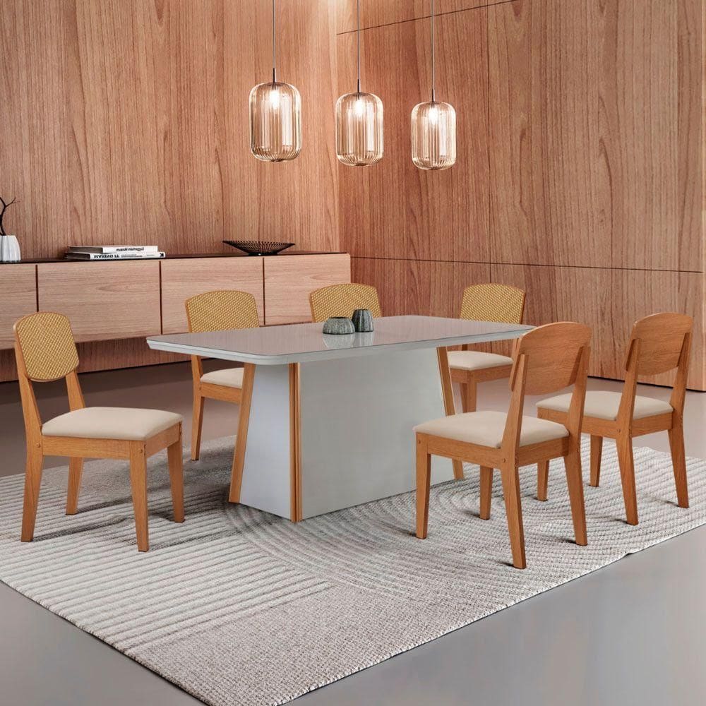 Mesa Jantar Diane 180cm Tampo Mdf Vidro 6 Cadeiras Copper Prem Moderna Veludo Creme Off White Serigrafia