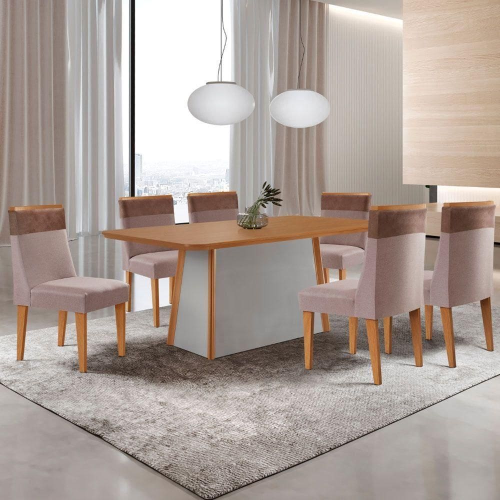 Mesa De Jantar Diane 180cm Tampo Mdf Lam 6 Cadeiras Andes Moderna Linho Capuccino Tork Off White