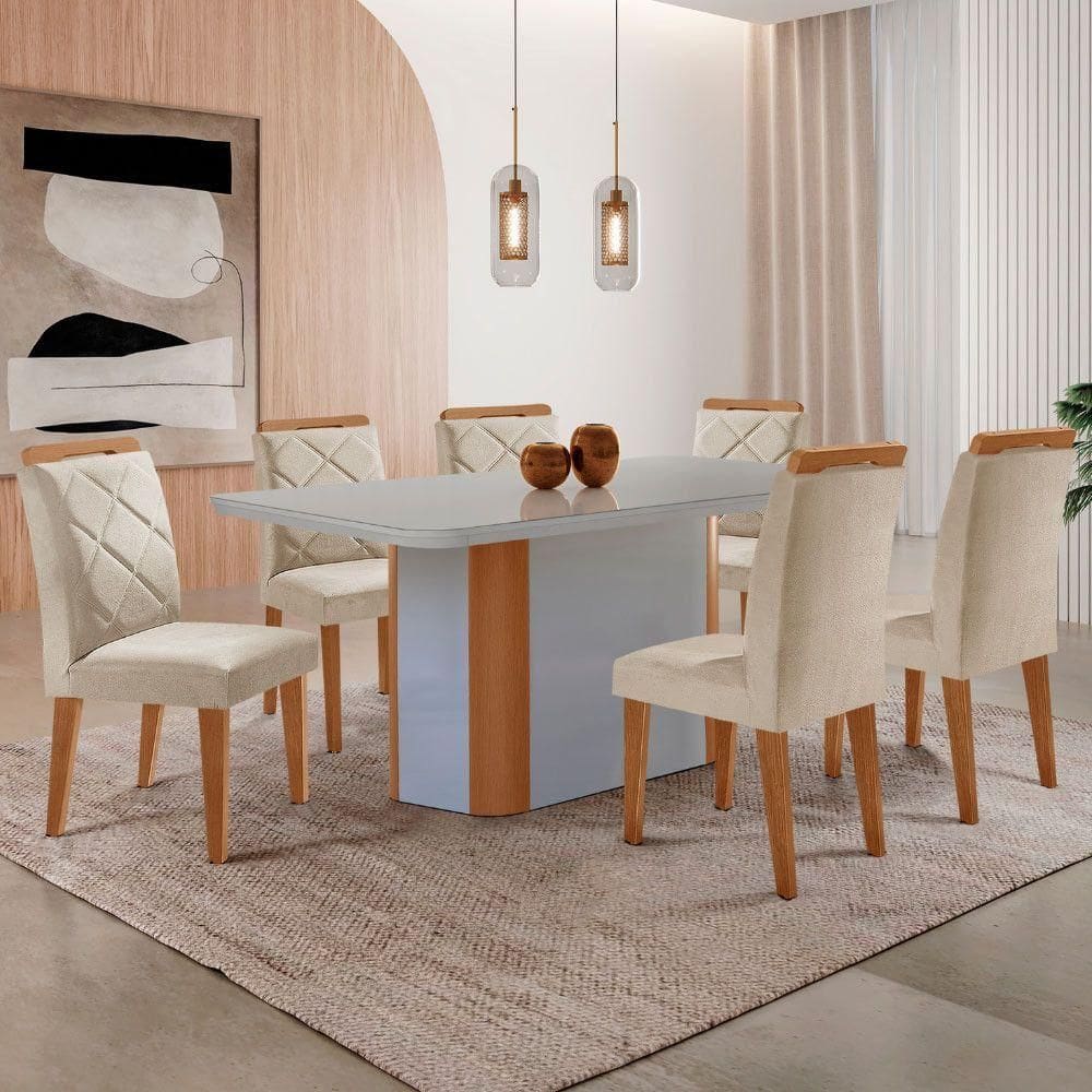 Mesa Isadora 180cm Mdf Vidro E 6 Cadeiras Melissa Veludo Creme /off / /serig Off Com Vidro
