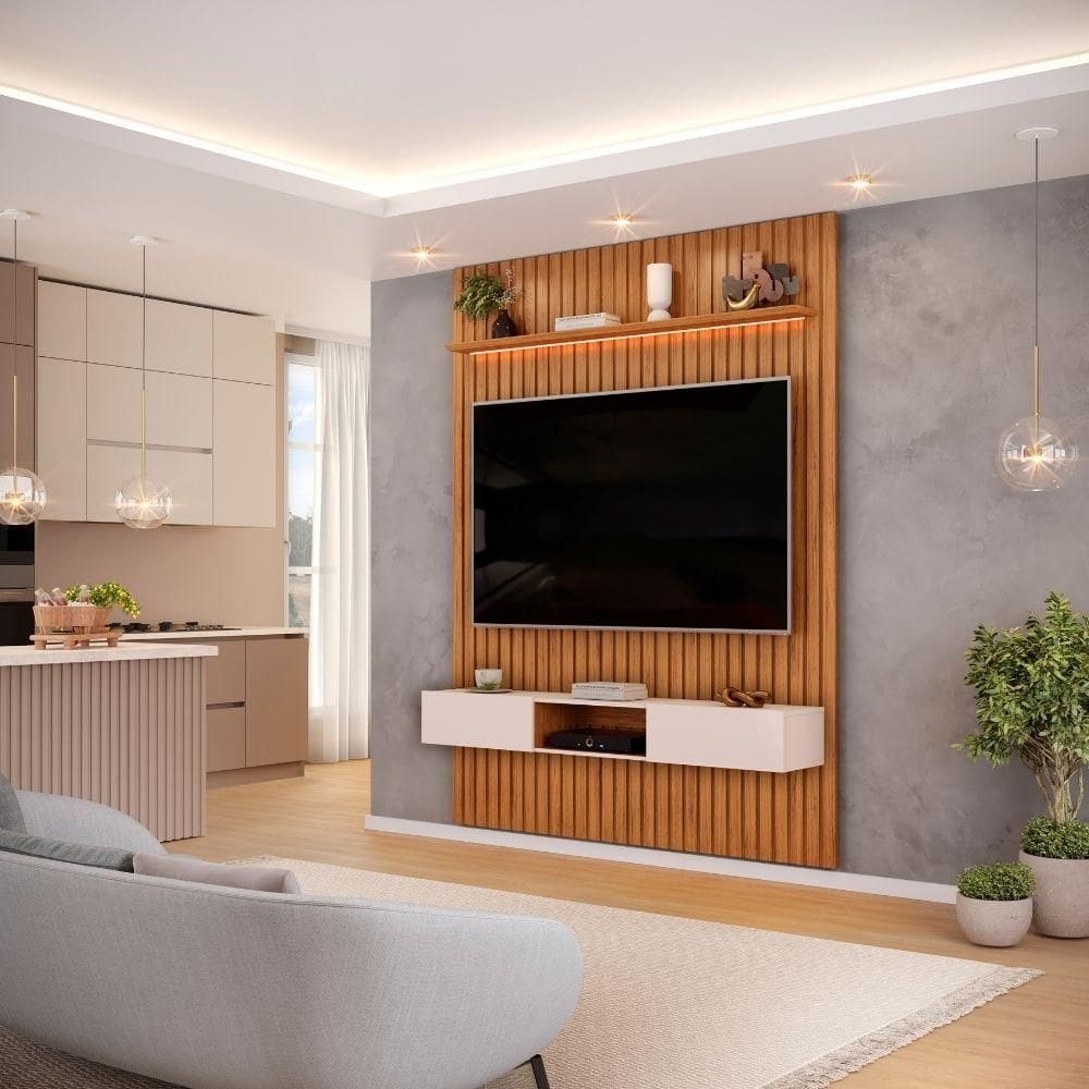 Painel Para Tv Até 65 Polegadas 1,83m Ripado Autêntico Com Led E Nicho Montreal Madeirado/off White