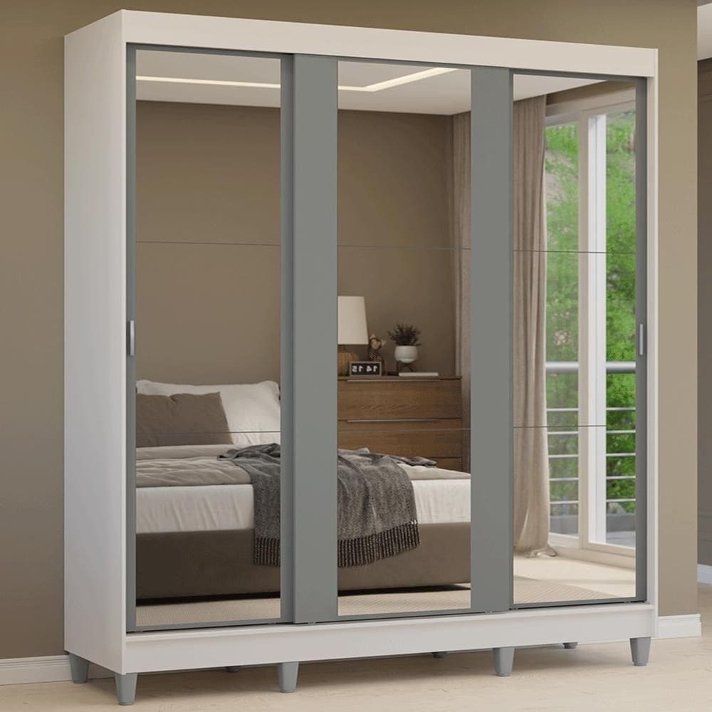 Guarda-roupa Casal Com Pés 3 Portas De Correr De Espelho Branco Cinza Reno Madesa