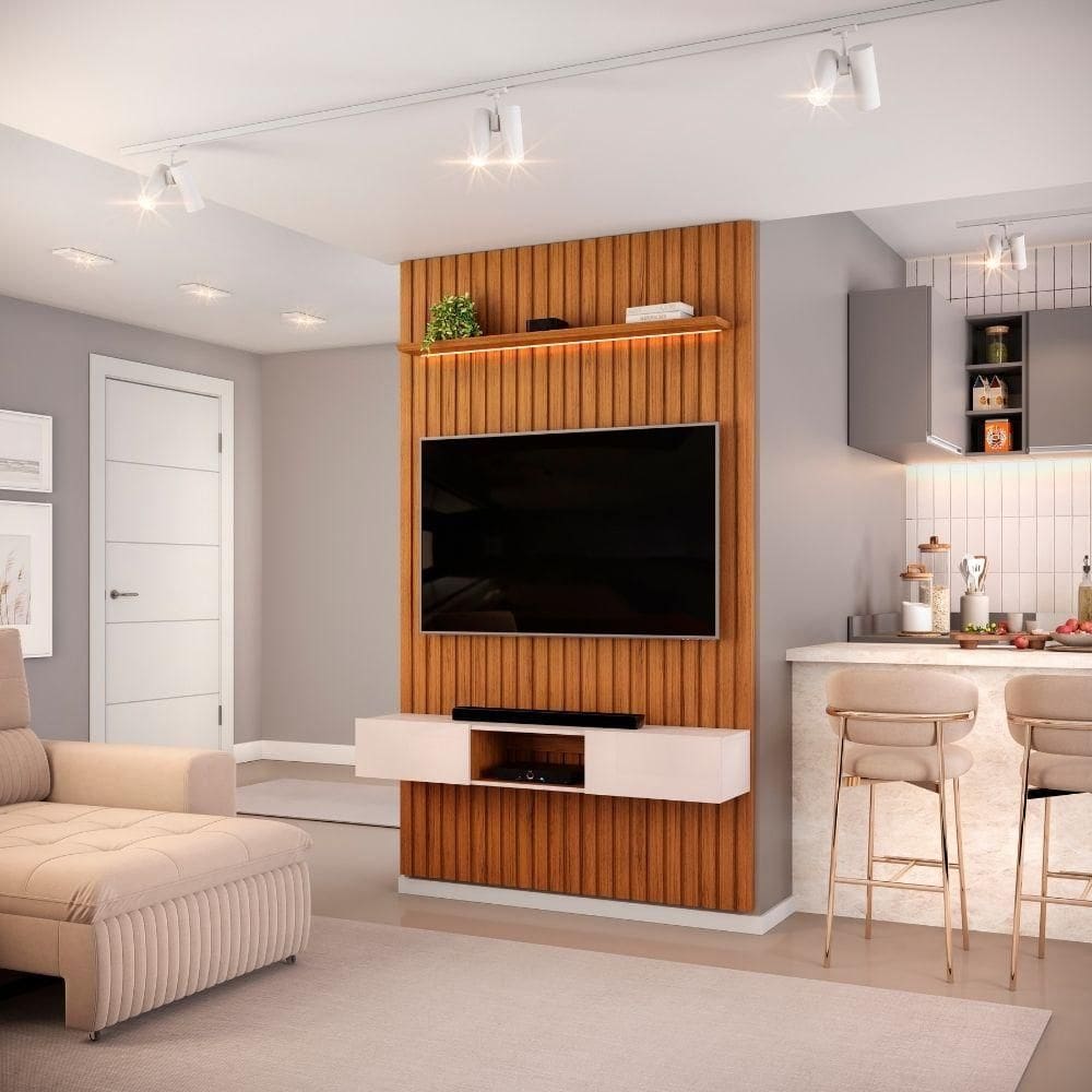 Painel Para Tv Até 55 Polegadas 1,43m Ripado Autêntico Com Led E Nicho Montreal Madeirado/off White