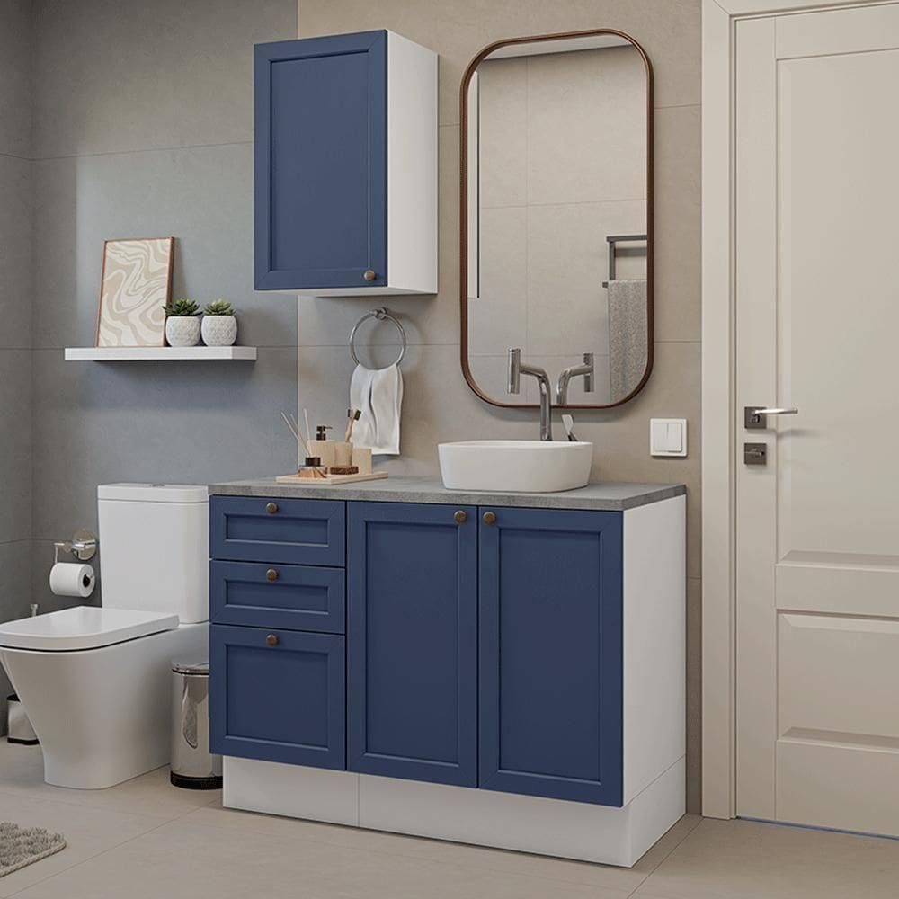 Conjunto Gabinete Para Banheiro 110cm 3 Gavetas 3 Portas Vik Madesa 01 Branco-azul