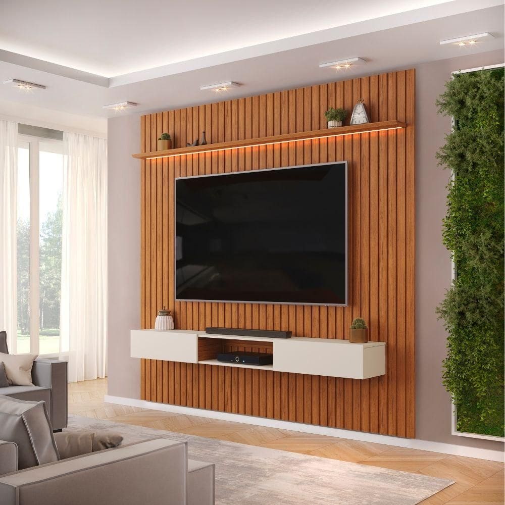Painel Para Tv Até 85 Polegadas 2,50m Ripado Autêntico Com Led E Nicho Montreal Madeirado/off White
