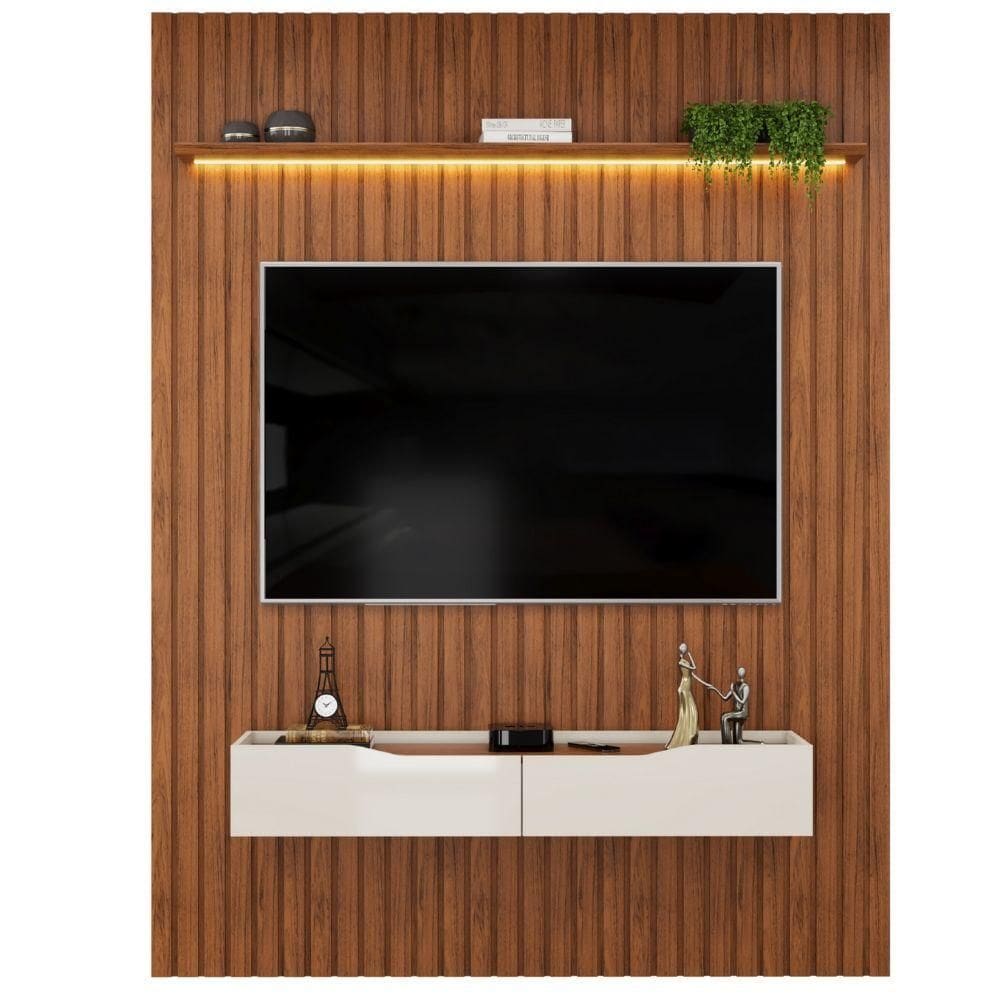 Painel Para Tv Até 65” 1,83m Ripado com Led Montreal com Nicho Madeirado/Off White