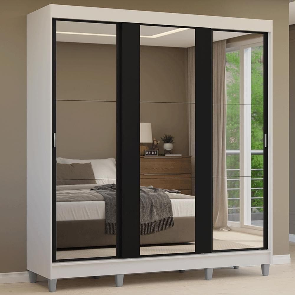 Guarda-roupa Casal Com Pés 3 Portas De Correr De Espelho Branco Preto Reno Madesa