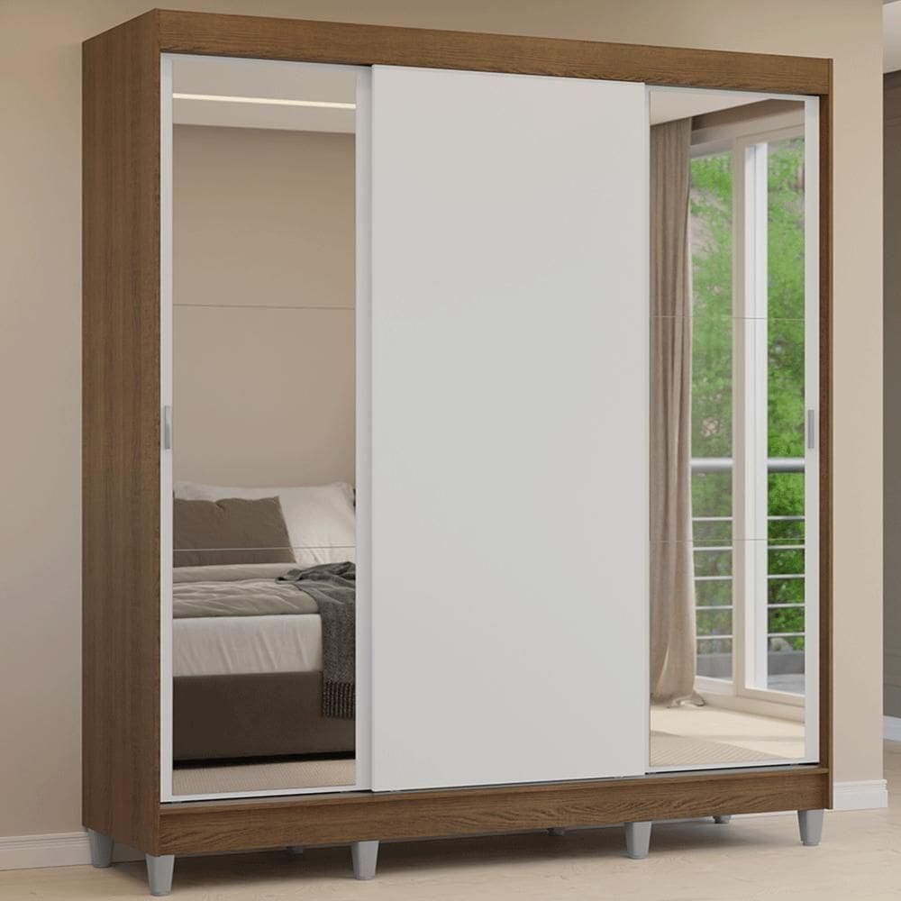 Guarda-roupa Casal Com Pés 3 Portas De Correr Com Espelhos Rustic Branco Reno Madesa