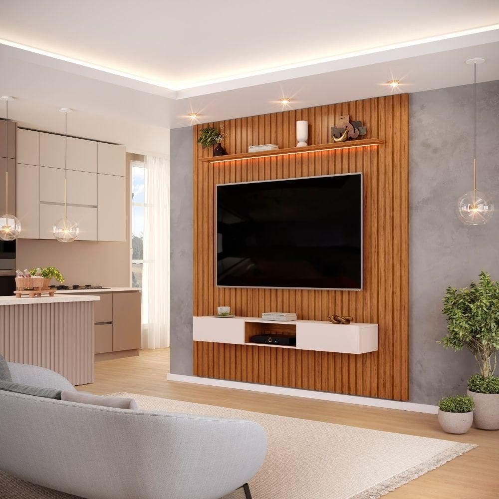 Painel Para Tv Até 65 Polegadas 2,23m Ripado Autêntico Com Led E Nicho Montreal Madeirado/off White
