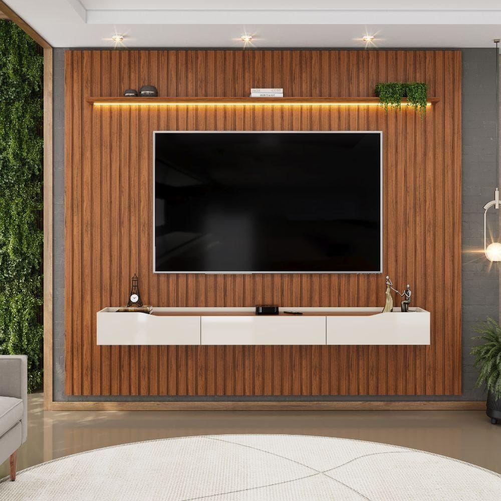 Painel P/ Tv Até 90 Polegadas Ripado Autêntico Com Led Montreal Com Nicho Efraín Madeirado/off White