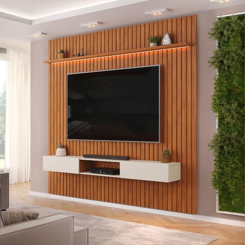 Painel Para Tv Até 90 Polegadas 2,75m Ripado Autêntico Com Led E Nicho Montreal Madeirado/off White