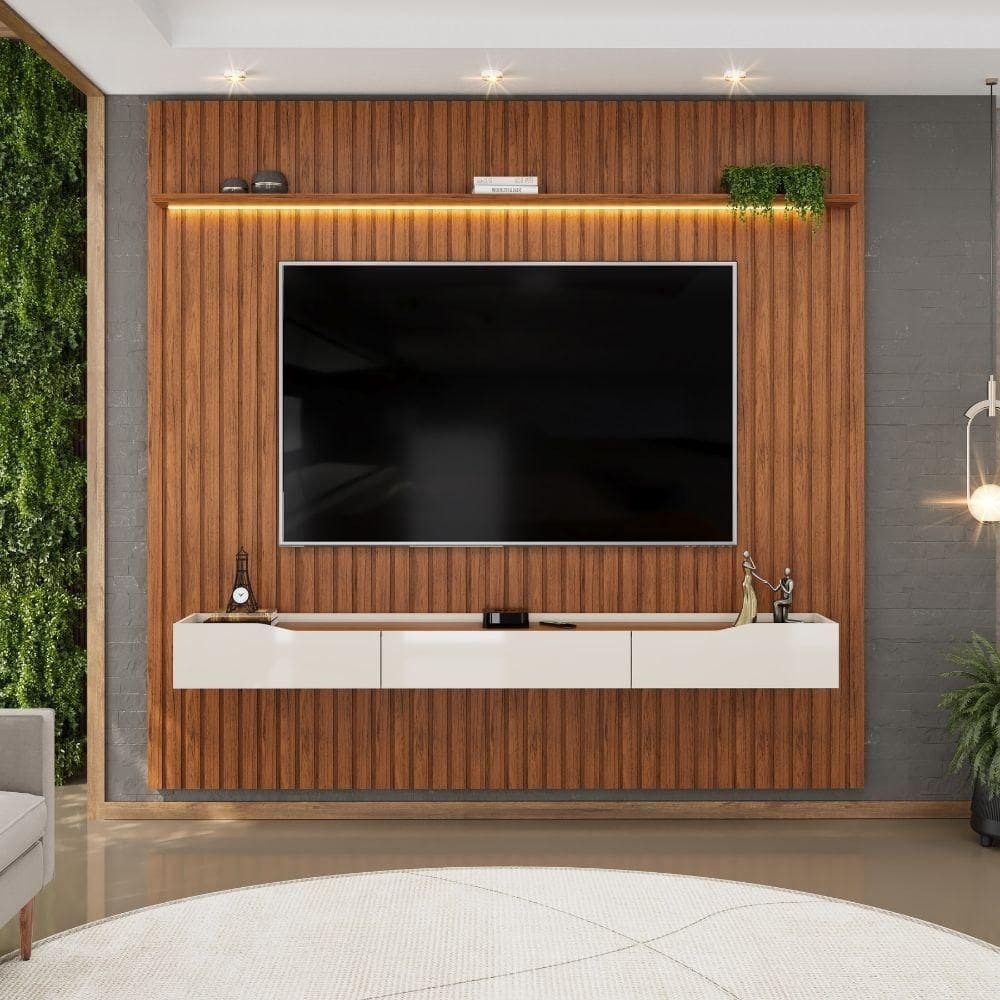 Painel P/ Tv Até 85 Polegadas Ripado Autêntico Com Led Montreal Com Nicho Efraín Madeirado/off White