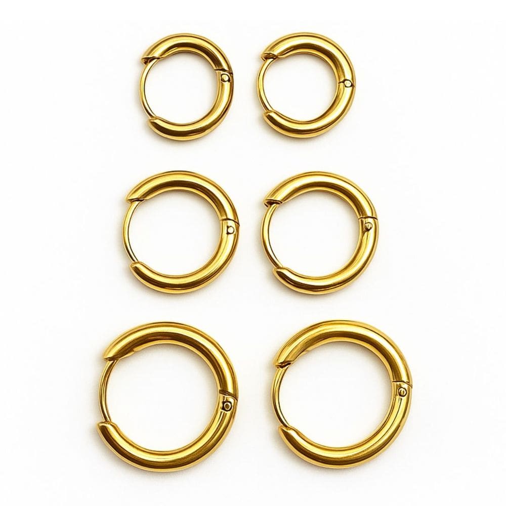Trio de Brincos Argolas Femininas Aço Inoxidável 316L Dourada Hipoalergênica 14mm 16mm 18mm
