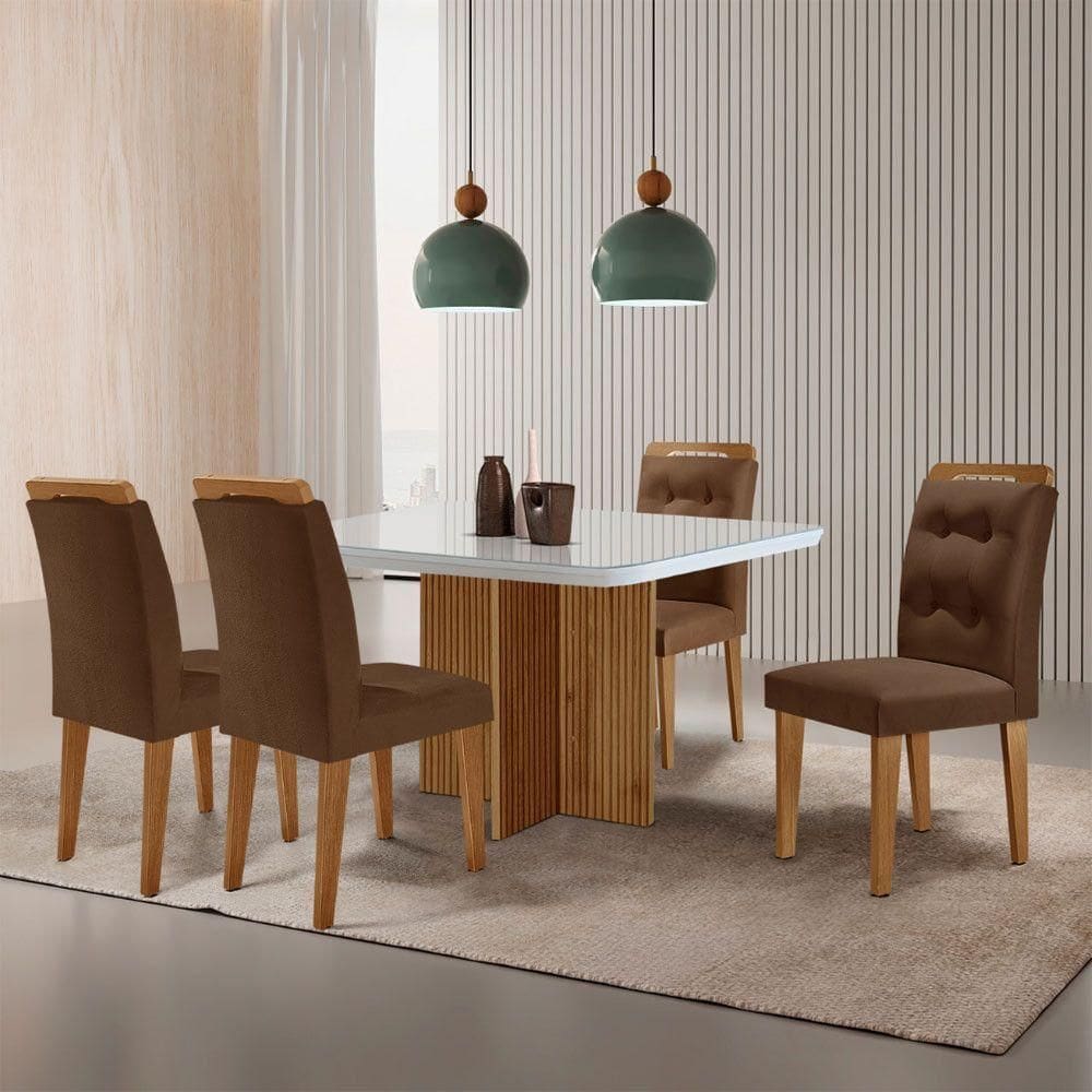 Mesa De Jantar Olímpia 90cm Mdf Vidro 4 Cadeiras Carol Veludo Marrom/off White/imbuia
