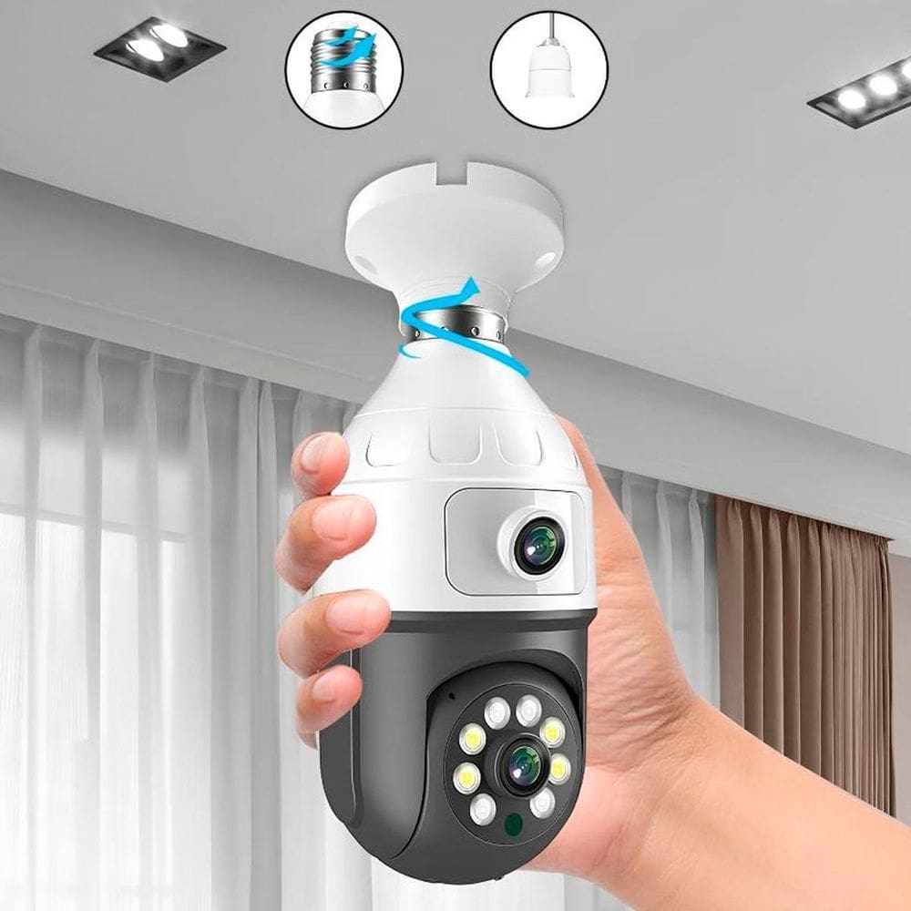 Lâmpada Câmera Wifi Com Lente Dupla Giratória 360º