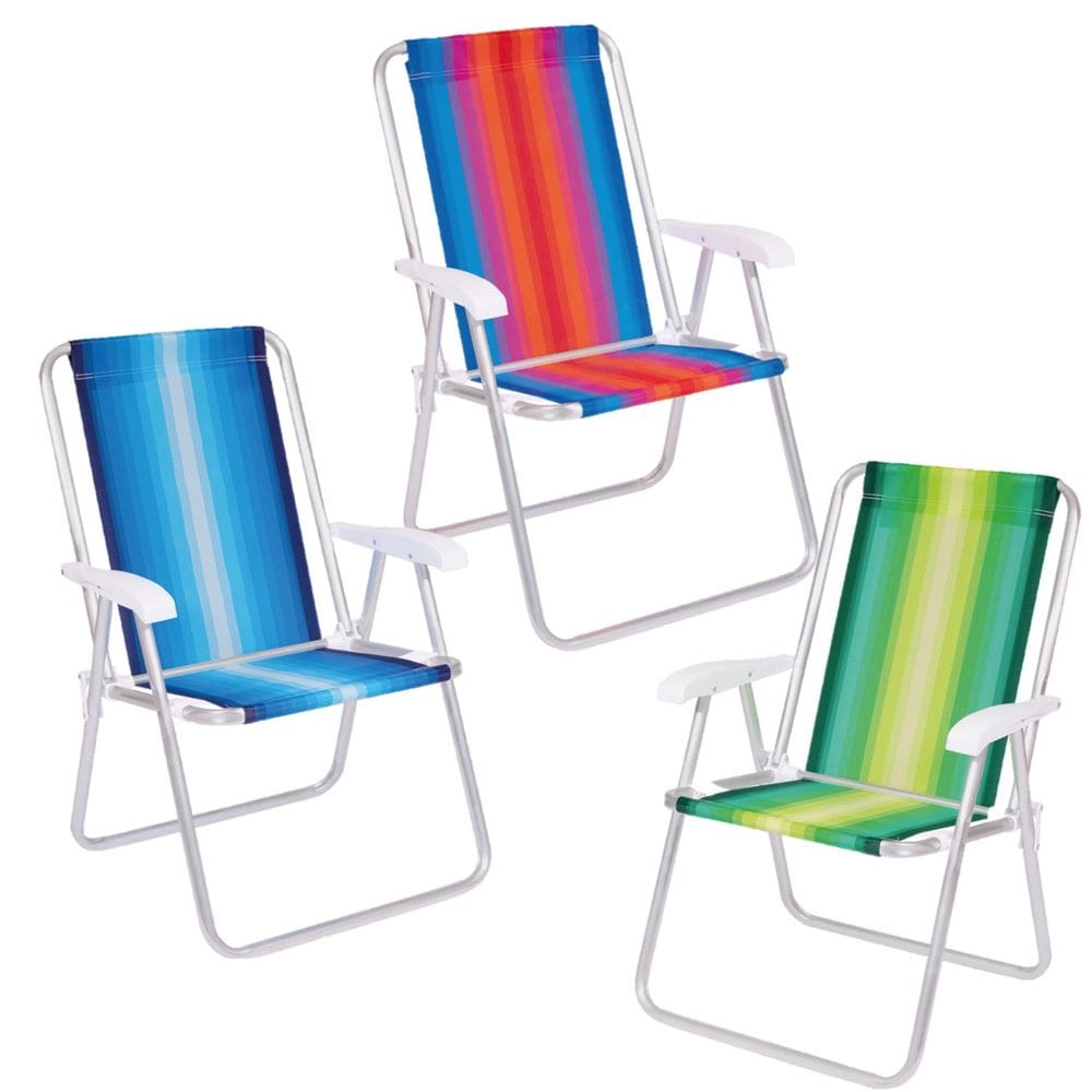 Kit 3 Cadeira Alumínio Encosto Alto Listrada Camping Praia Piscina Cores Diversas - 2184 Mor