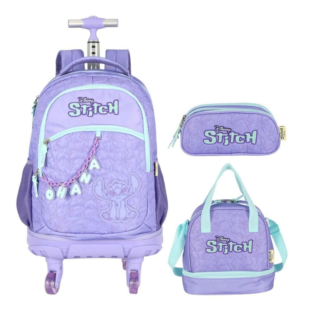 Kit Mochila Stitch Escolar Meninas Rodinhas 360 Estojo Lancheira Luxcel Disney