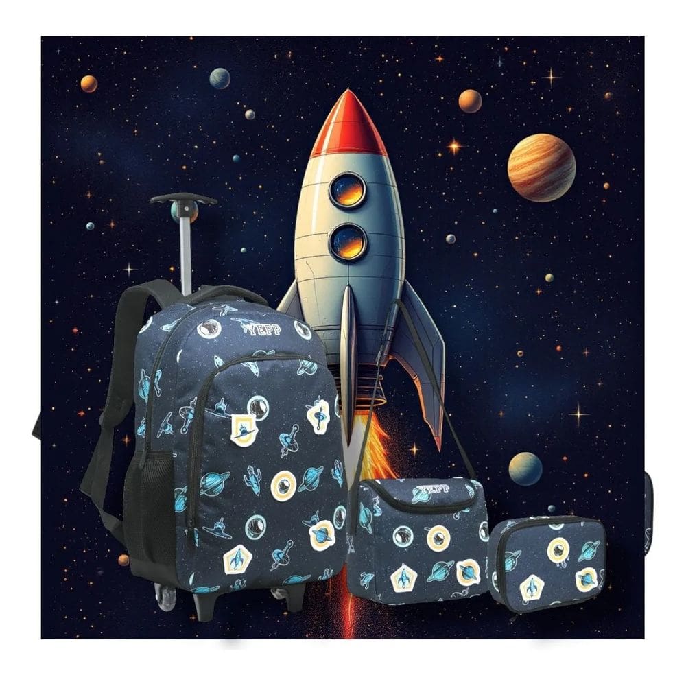 Kit Mochila Escolar Rodinhas Meninos Astronauta Foguete Yepp