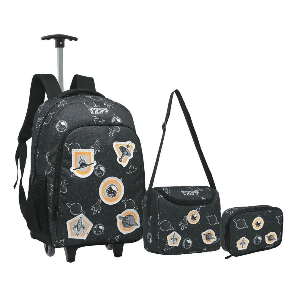 Kit Mochila Escolar Rodinhas Meninos Astronauta Foguete Grande Yepp