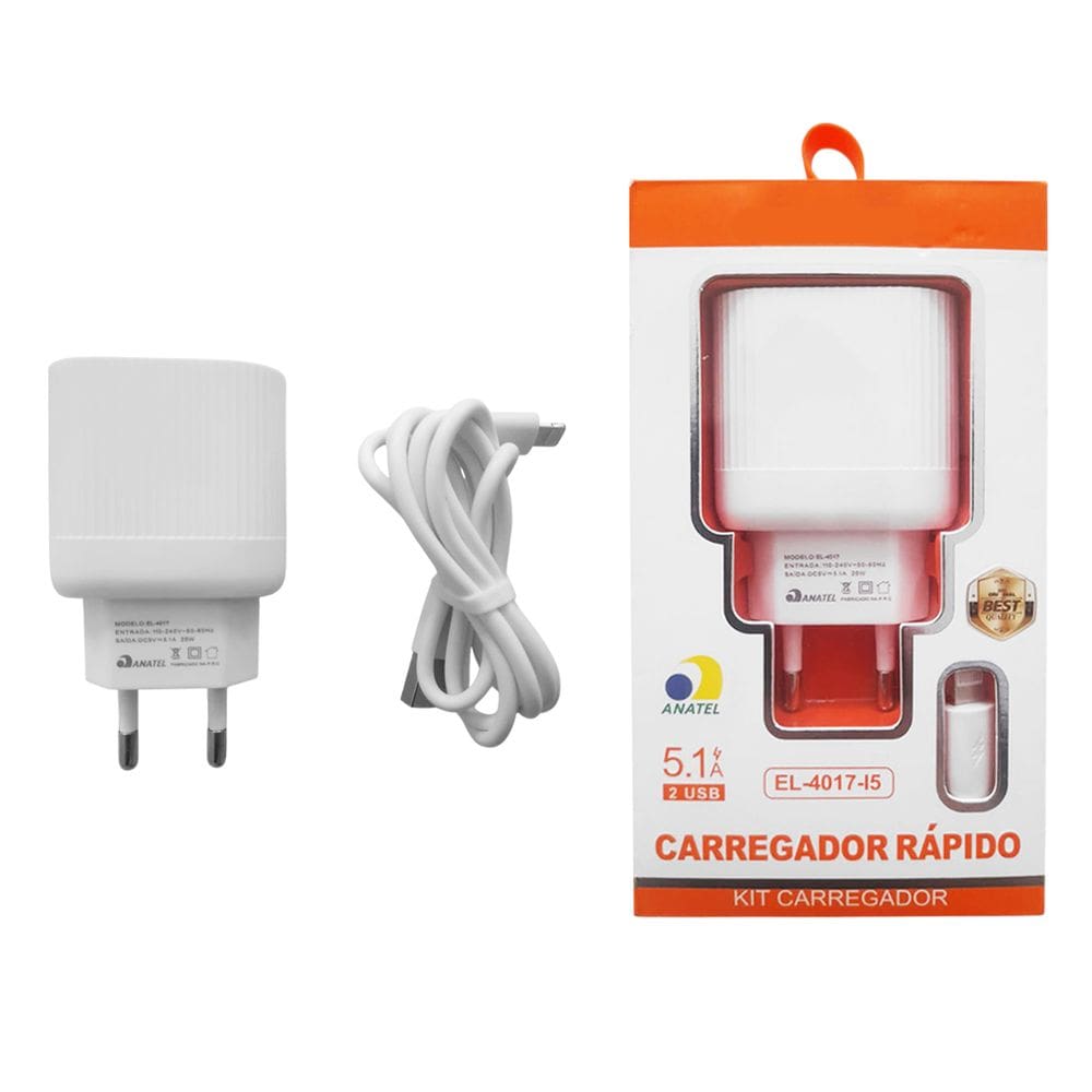 Carregador Rápido 25W 5.1A Tipo-C/Lightning/V8 com 2 USB Branco Bivolt EL-4017
