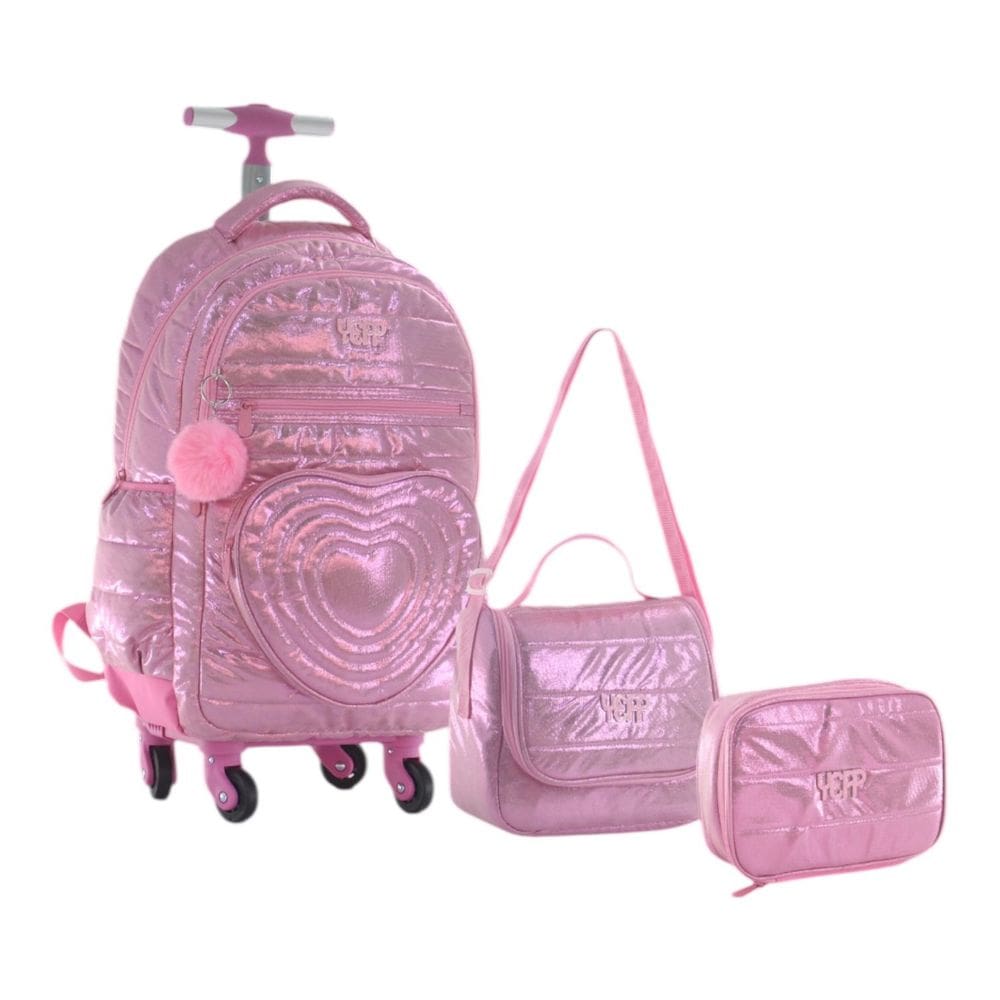 Kit Mochila Juvenil Escolar Feminina Coração Rodinhas Pom Pom Yepp