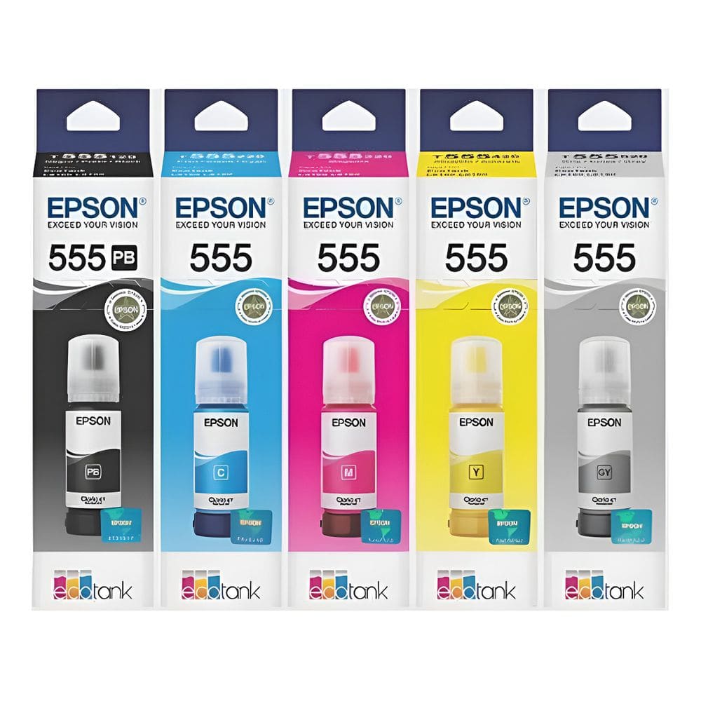 Kit 05 Tintas Epson T555 Ecotank L8180 L8160 L8190 T555 Preto - Magenta - Ciano - Amarelo - Cinza