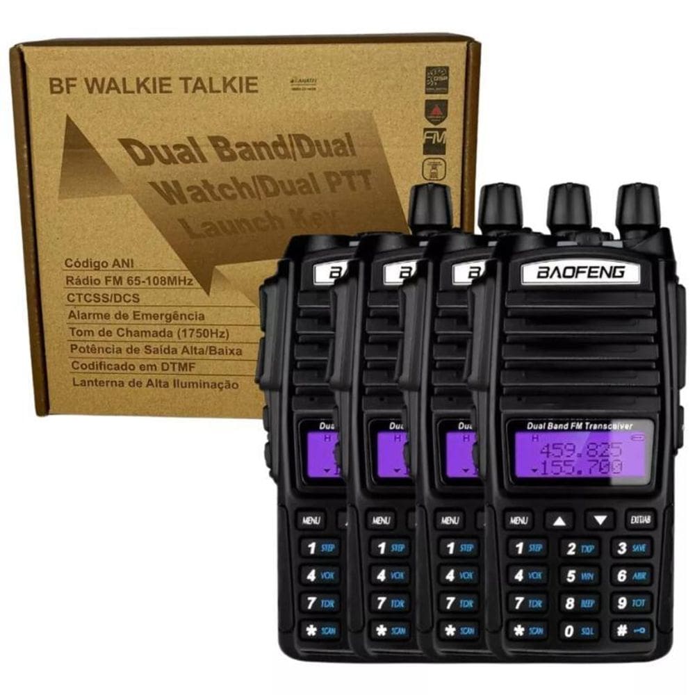 Kit 4 Rádios Ht Comunicador Baofeng Dual Band Uv82 Rádio Fm