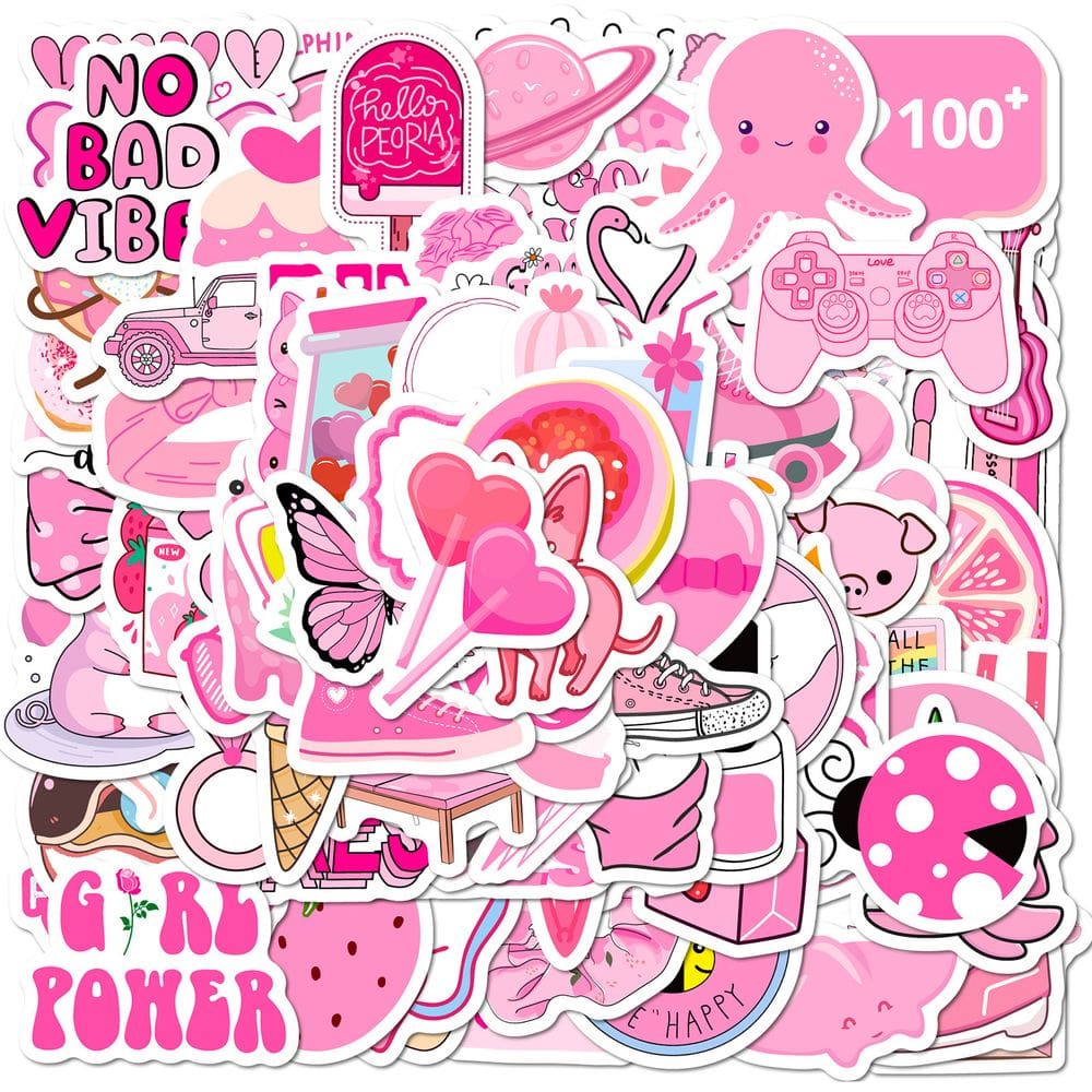 Pacote de adesivos: 100 peças pequenas, rosa, 4 cm, vinil impermeável, PVC