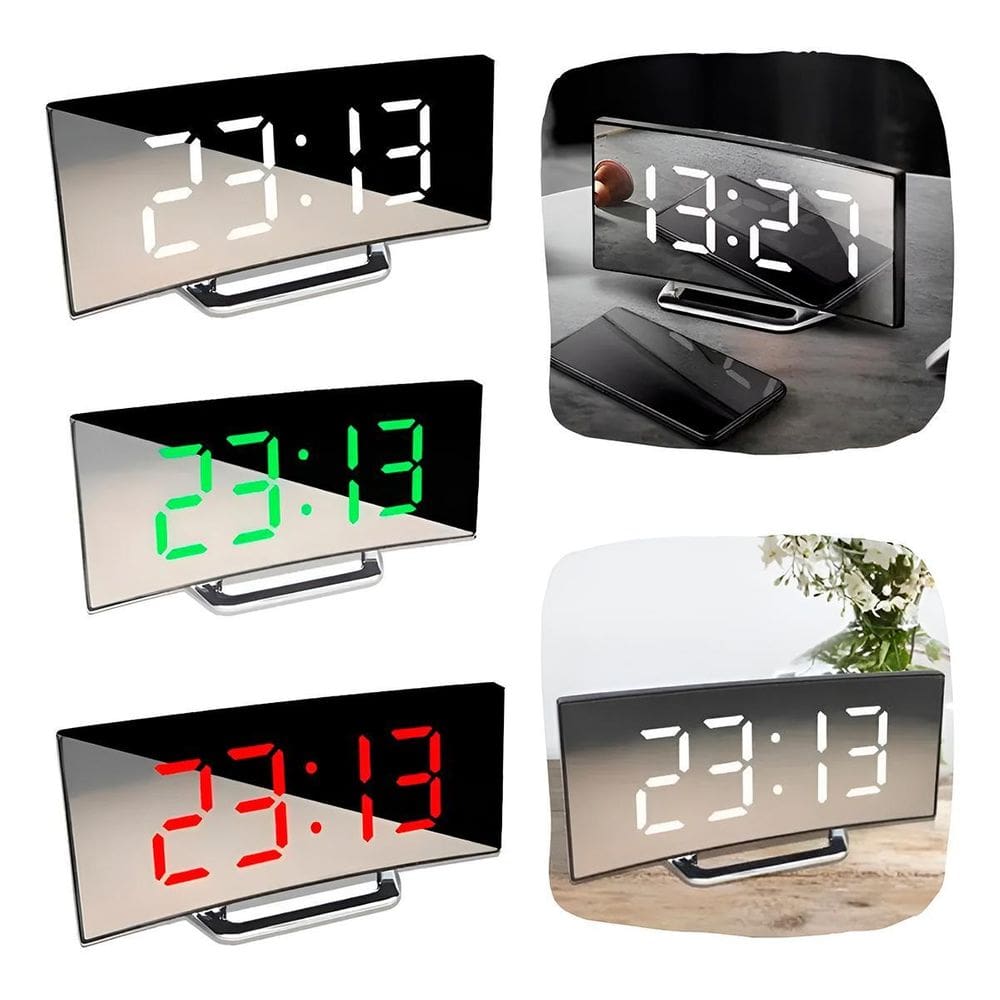 Relógio Digital Despertador Curvado Espelhado Led Mesa