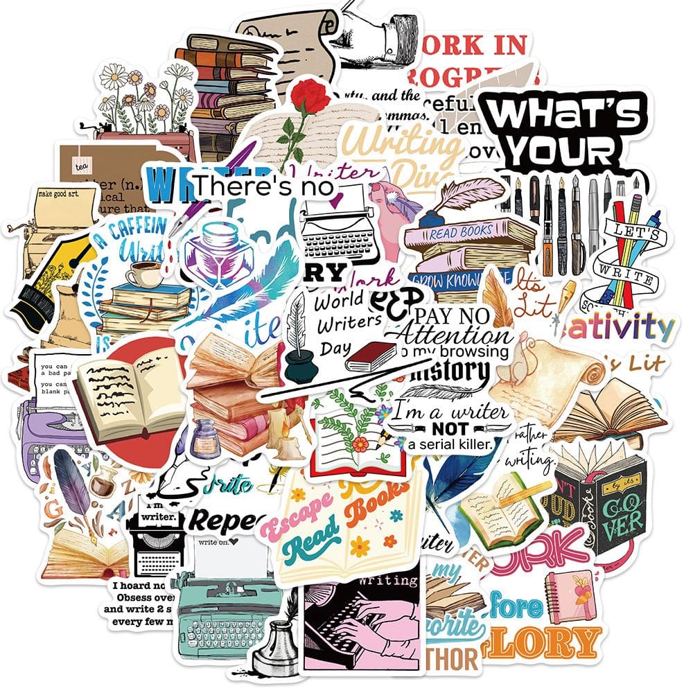 Pacote de adesivos Writer, 50 unidades, livro, máquina de escrever, Creative