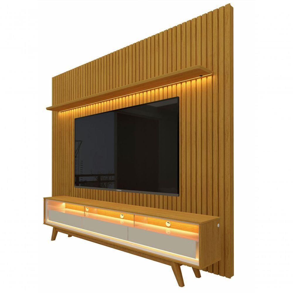 Rack Retrô Com Painel Ripado Com Led Nobre Com Off White - Gelius Móveis