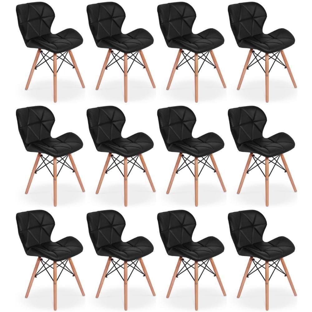 Kit 12 Cadeiras De Jantar Charles Eames Slim Wood Estofada - Preto