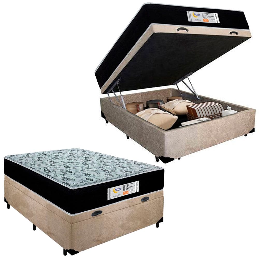 Cama Box Baú Casal Suede + Colchão Molas Ensacadas SerenePrime Sonnolux 138x188x69 Bege