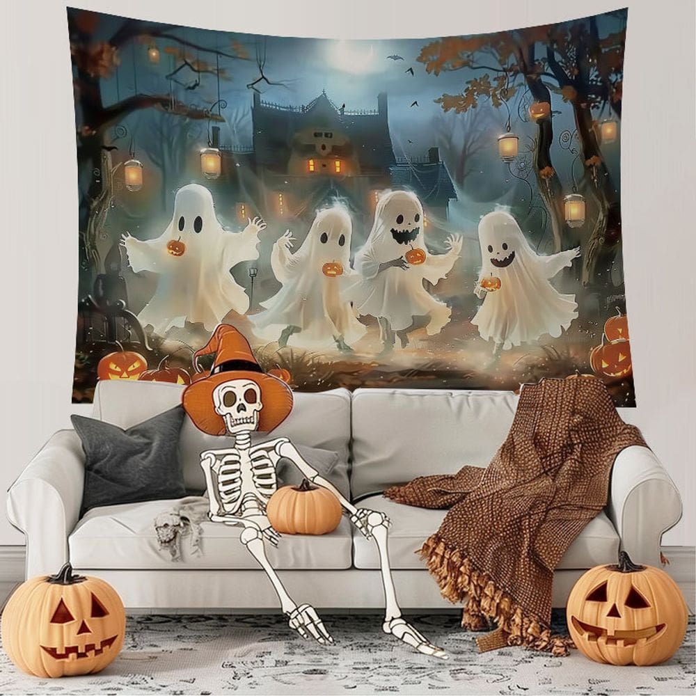 Tapeçaria para pendurar na parede Fantasmas fofos de Halloween com abóboras 150x130cm