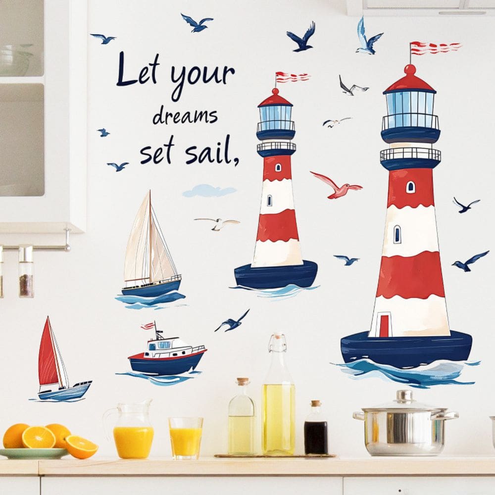 Adesivos de parede Cartoon Lighthouse Sailboat Seagull PVC 40x59cm