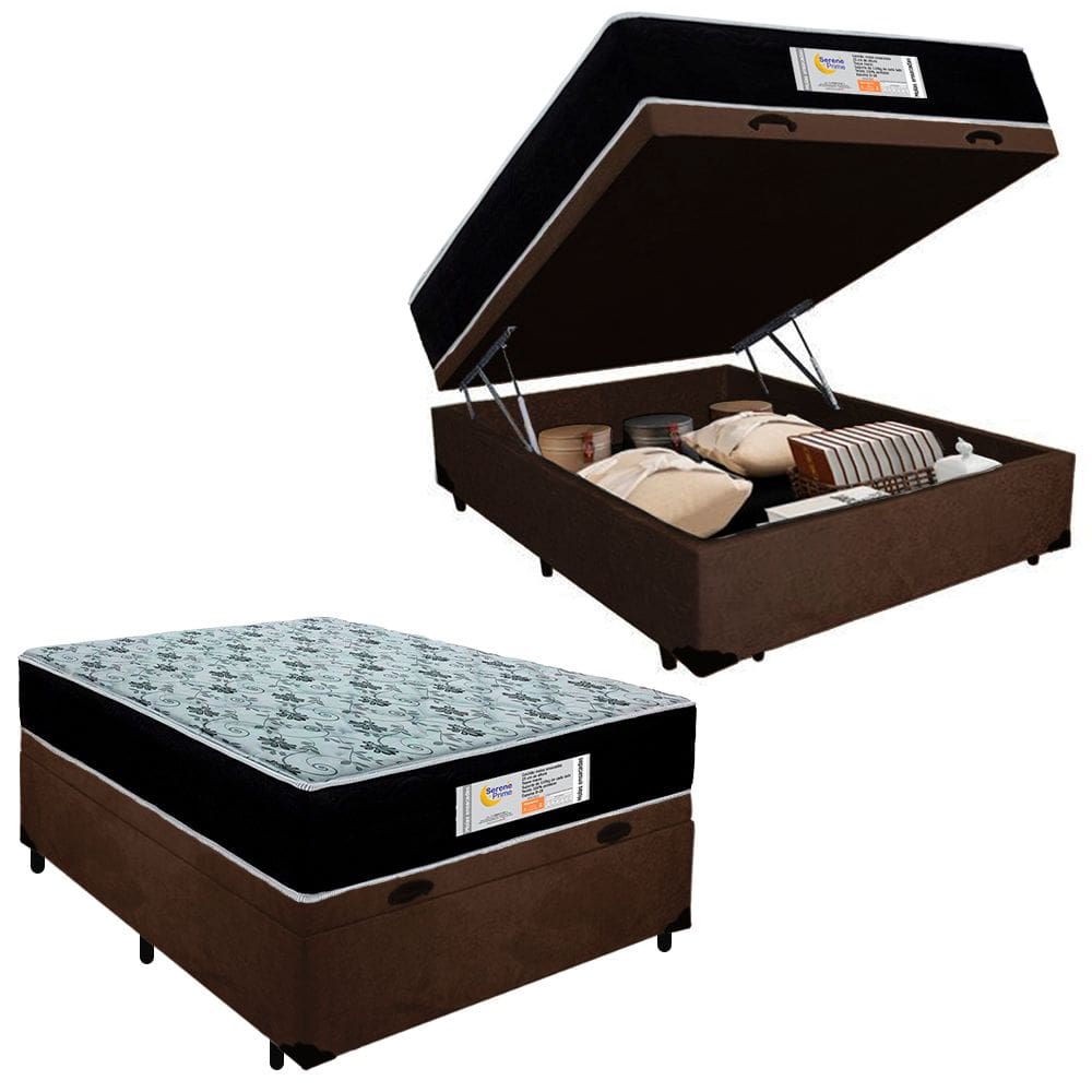 Cama Box Baú Casal Suede + Colchão Molas Ensacadas SerenePrime Sonnolux 138x188x69 Marrom
