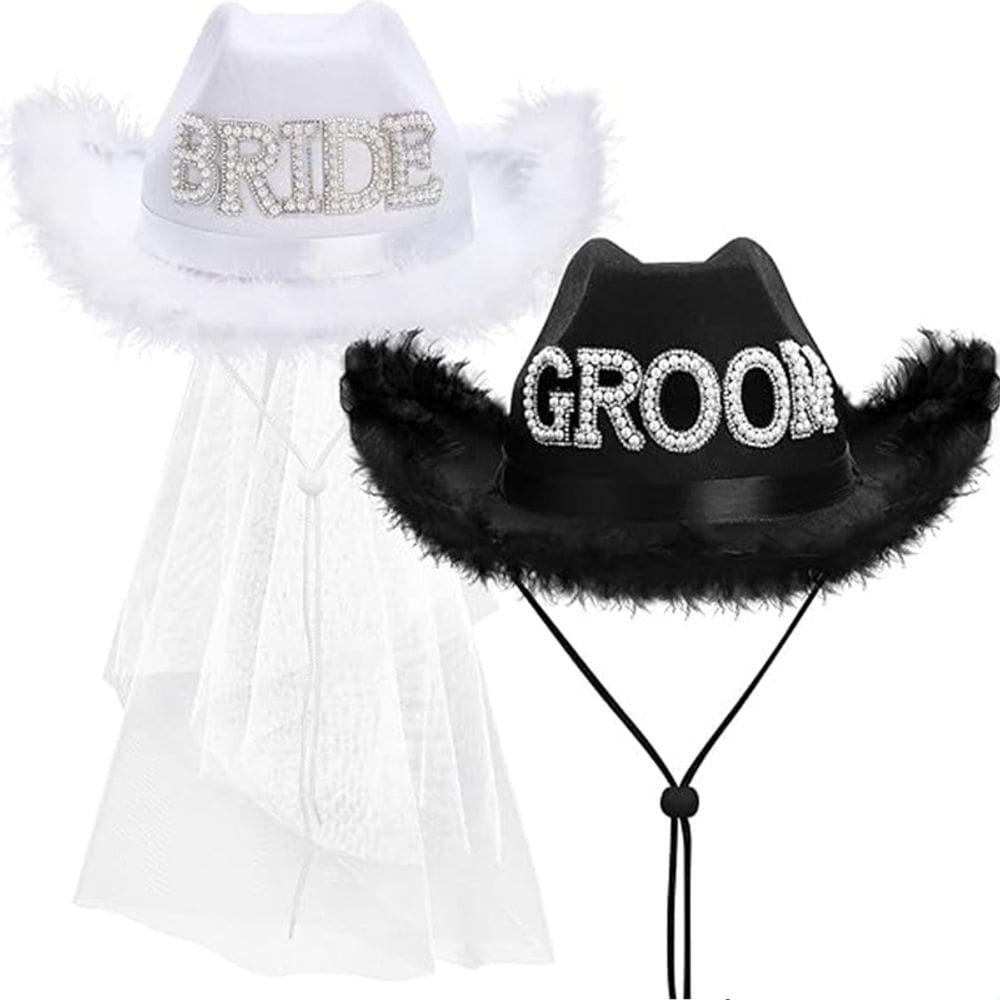 Conjunto de chapéus de cowgirl para noiva e noivo, branco e preto, não tecido
