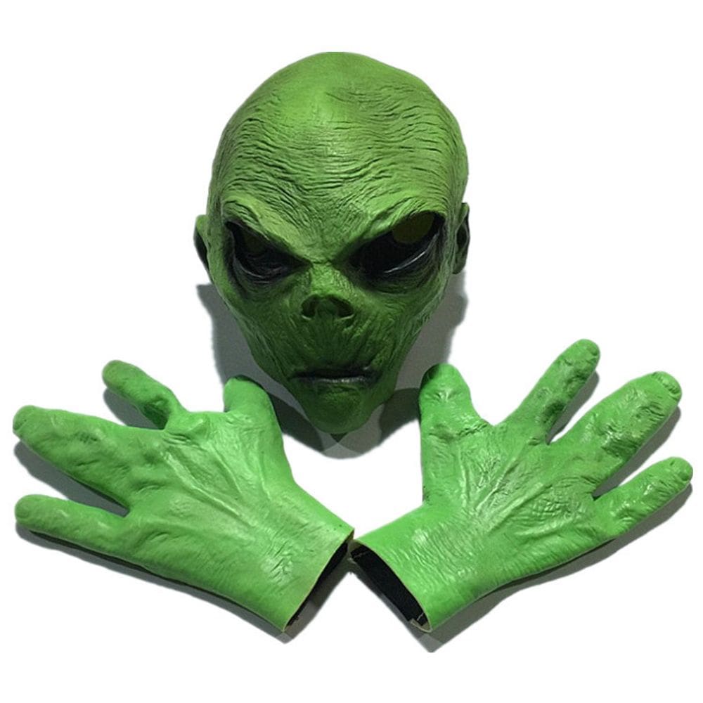 Traje de cosplay alienígena, máscara verde e luvas de resina, tamanho único