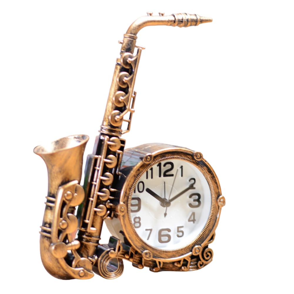 Despertador vintage em forma de saxofone com acabamento em latão