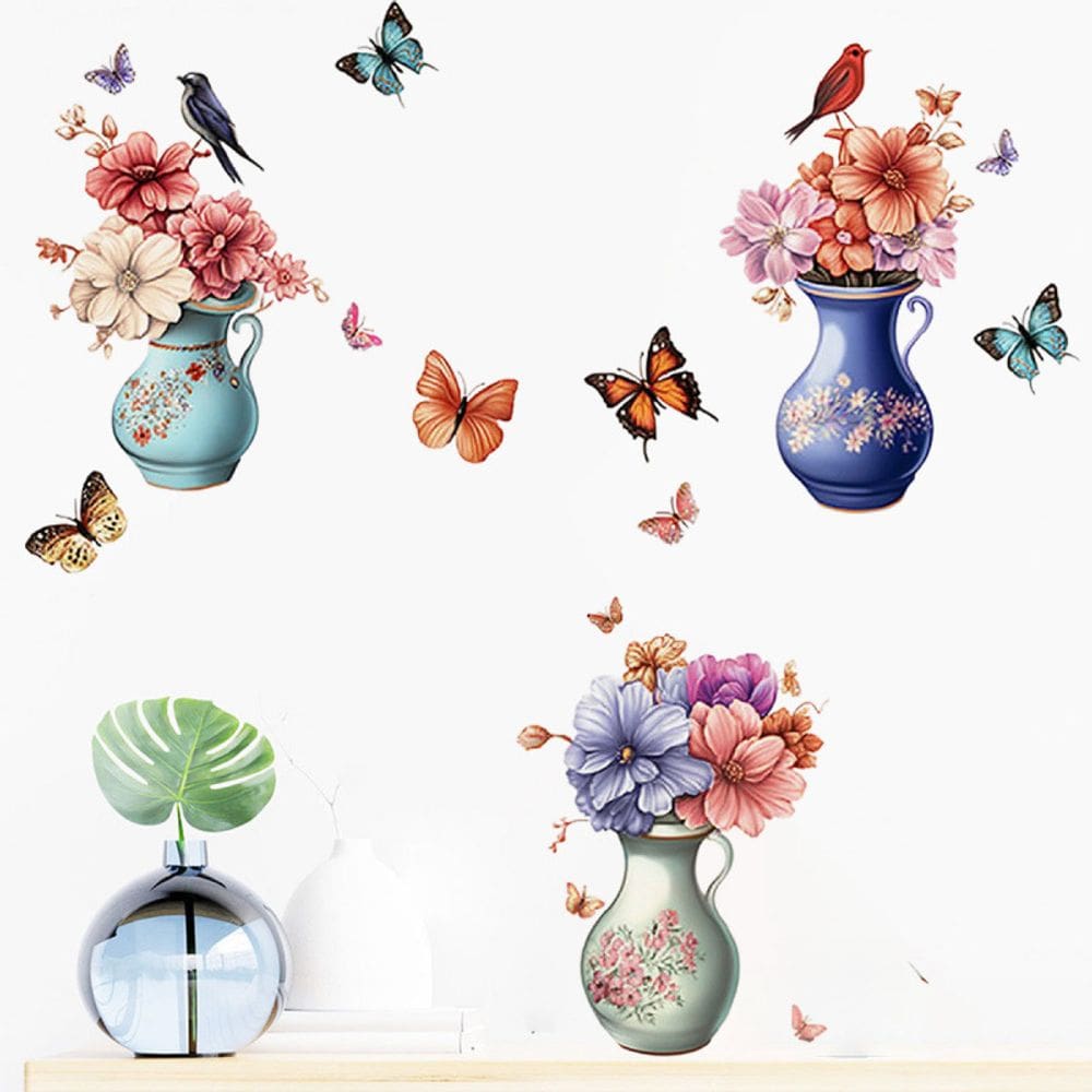 Vaso de adesivos de parede com flores e pássaros em PVC 60x90cm