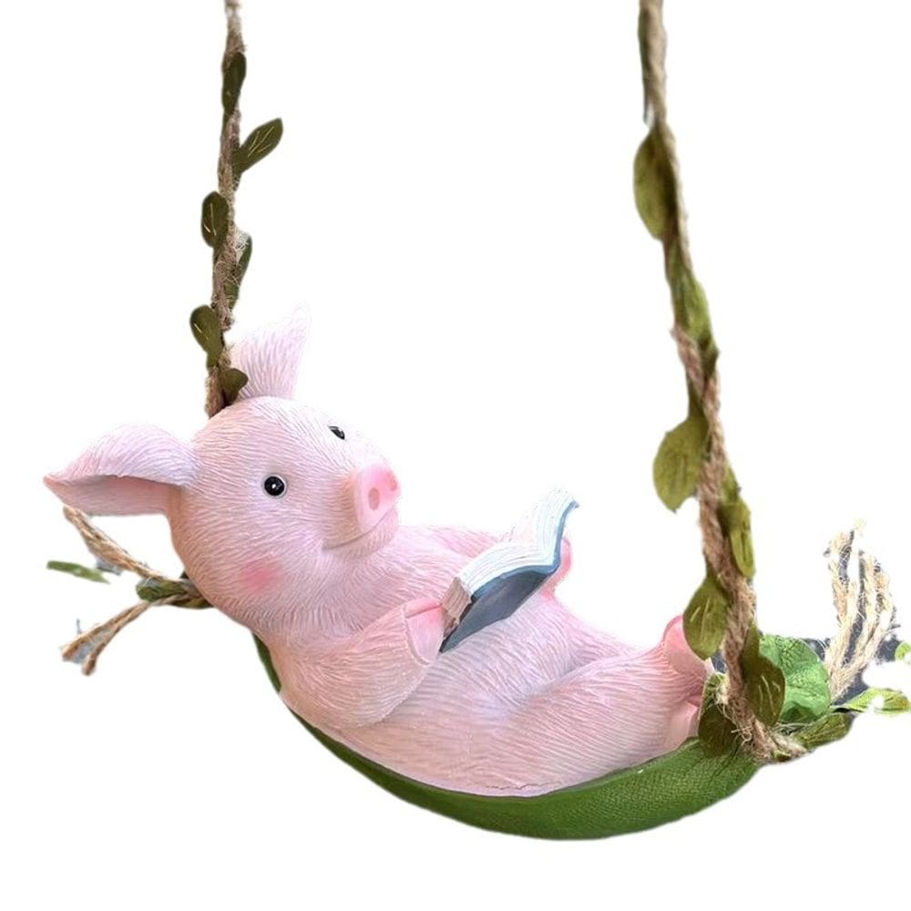 Escultura de decoração de jardim Reading Pig on Swing, resina de 15 cm