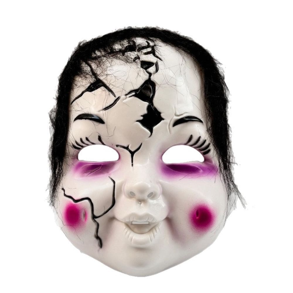 Máscara de boneca rachada, rosto de boneca, PVC, Halloween, cosplay, assustador