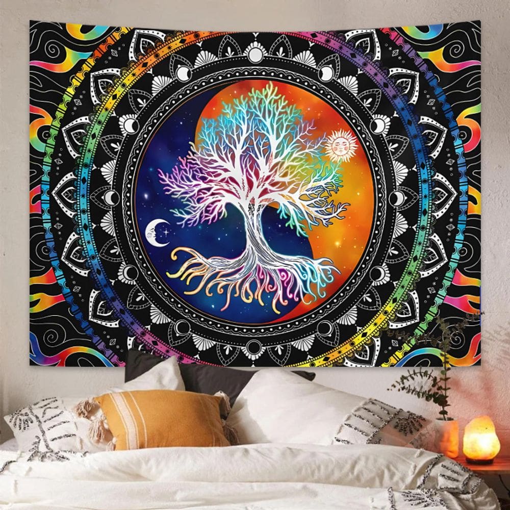 Tapeçaria para pendurar na parede colorida Tree of Life 150x130cm, pelúcia curta