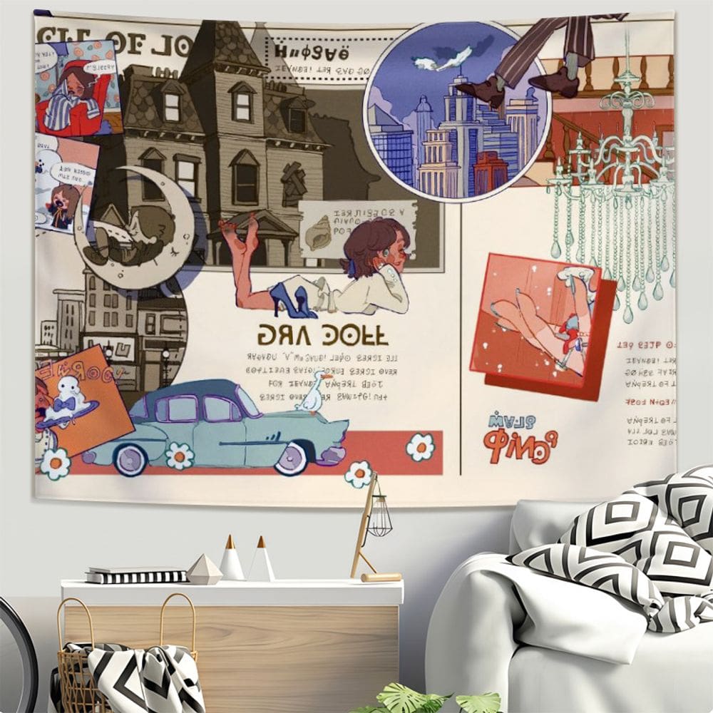 Tapeçaria para pendurar na parede Desenho animado de anime retrô 150 cm x 130 cm