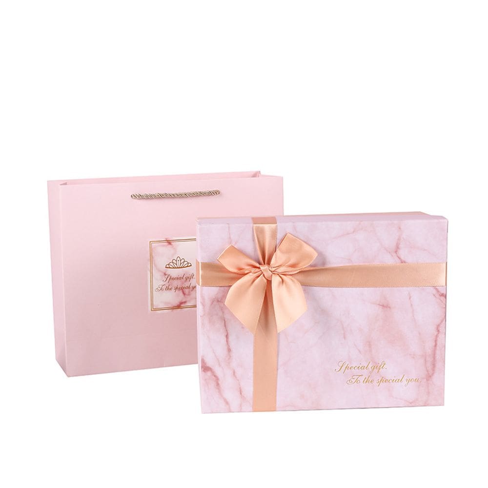Caixa de presente com design de mármore rosa com fita e alça 21x21x9cm