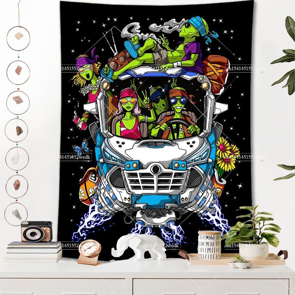 Tapeçaria para pendurar na parede Alien Trippy Space Car Ride 150x130cm