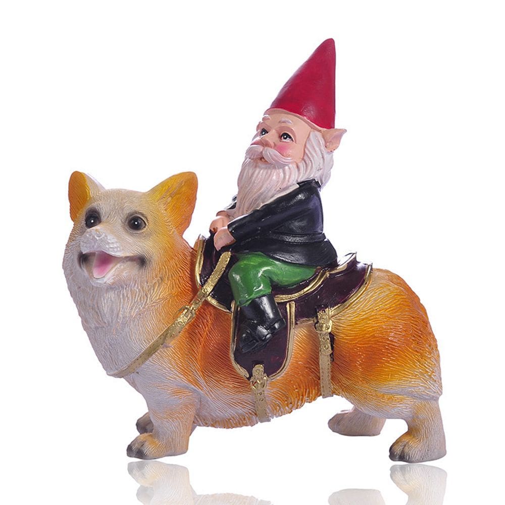 Escultura de cão de passeio de gnomo de jardim em resina engraçada de 15 cm