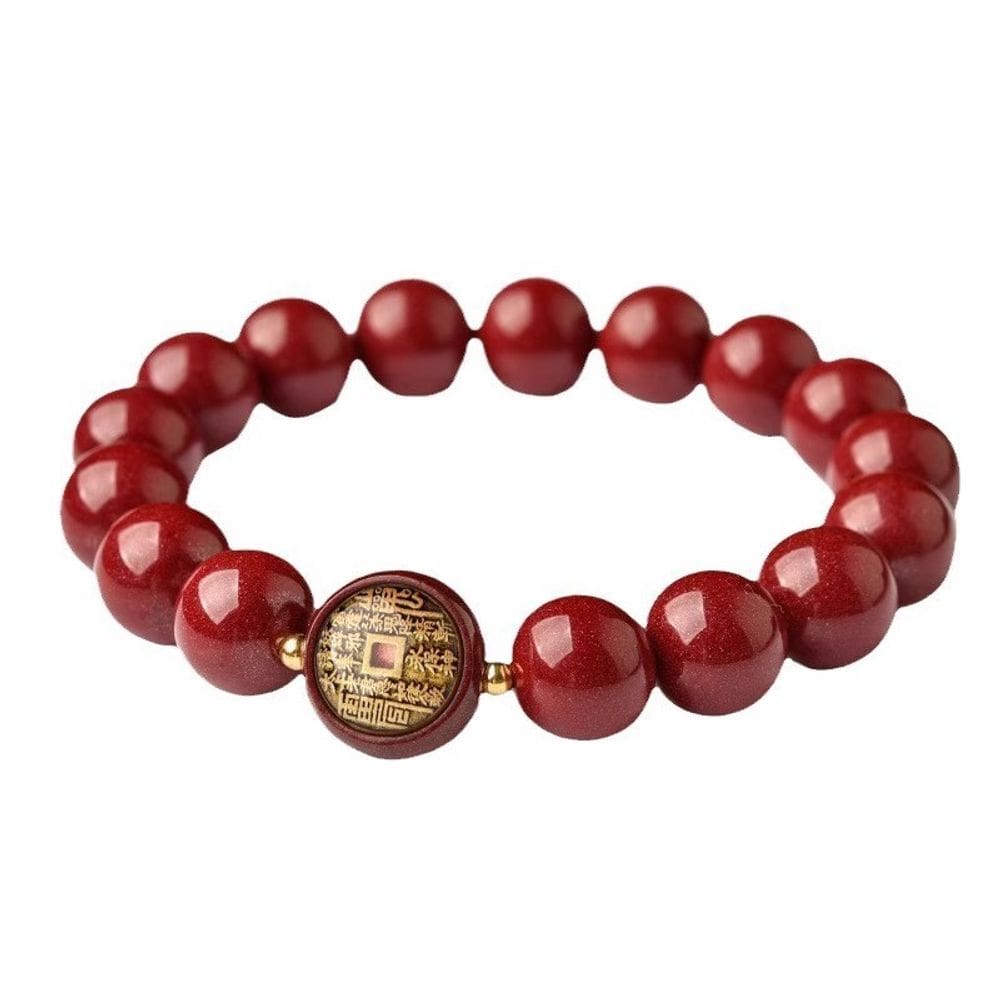 Pulseira de miçangas de cinábrio com pingente de moeda antiga, redonda de 10 mm