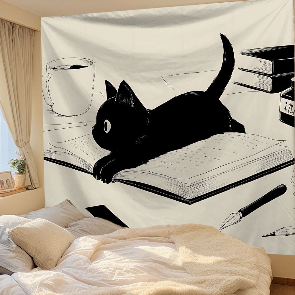 Tapeçaria pendurada na parede com ilustração de desenho animado de gato preto 150x130cm
