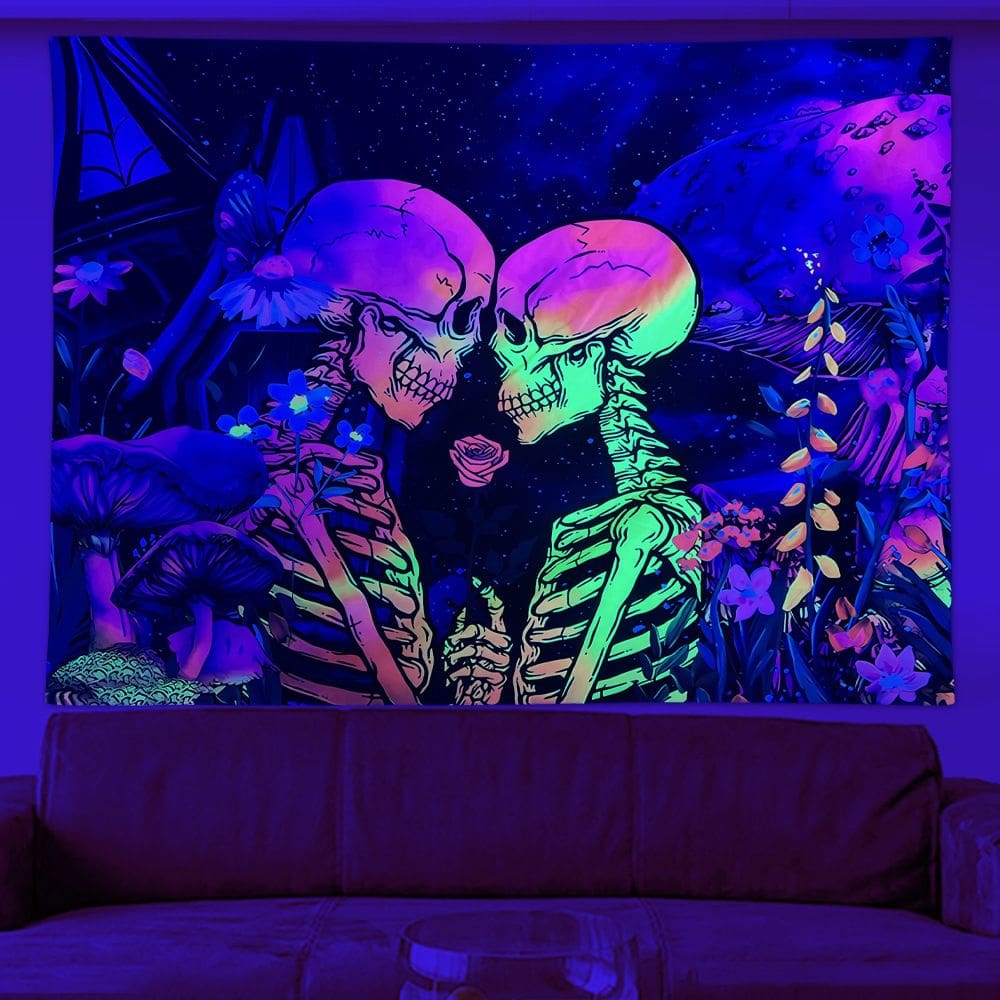 Tapeçaria para pendurar na parede Skeleton Lovers Neon Fluorescente 150x130cm