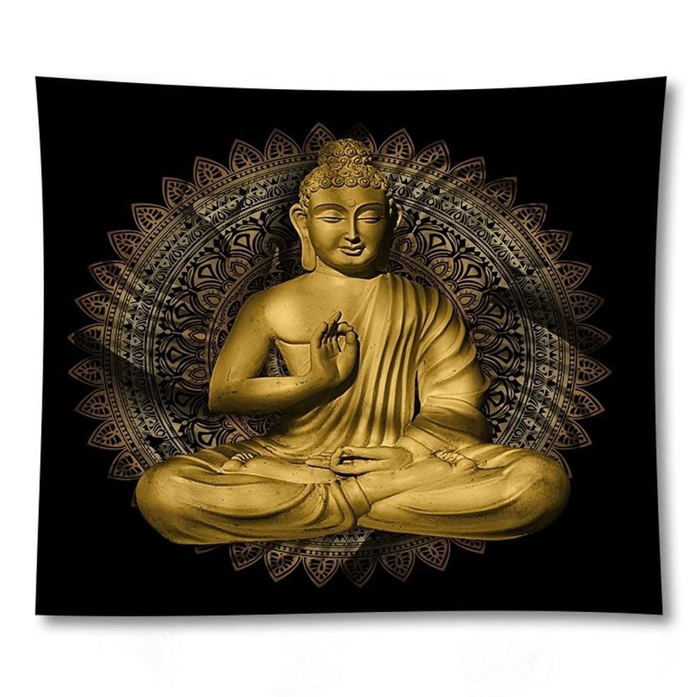 Tapeçaria pendurada na parede com estátua dourada de Buda 150x130cm